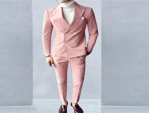 Pink Fashion Sunshine Men Suits Double Breasted 2 Pieces JacketPants Peaked Collar Slim Fit Suits for Wedding Dinner Party Tuxe7822171