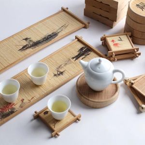 Tea Trays Heat Insulation Saucer Printed Bamboo Cup Holder Mat Pot Ceremony Accessories Placemat ZC586