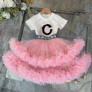 Luxury designer clothing set dress fashion girl brand children's fluffy sleeve dress shirt t-shirt set