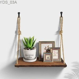 Other Home Decor Wooden swinging storage rack hanging rope wall mounted floating shelf plant flowerpot indoor and outdoor decoration simple yq240408