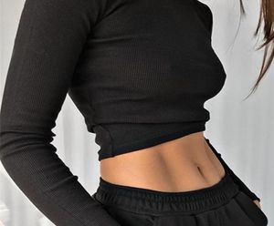 O Neck Long Sleeve Shirt Women Ribbed Sexy Cropped Tops Spring Black Casual Skinny Slim Basic Woman T Shirts White 2208165697630