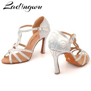 Skor Ladingwu Hot Latin Dance Shoes Women For Silver Grey Satin Dance Shoes Salsa Girls For Shine Rhinestone Ballroom Dance Shoes