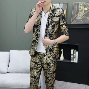 Erkek Suit (Blazer Pantolon) Moda İşletme Yedi Noktalı Orta Kollu Ücretsiz Ütüsel Gider Altın Beyefendi İş Düğün Takım