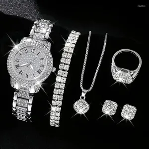 Wristwatches Women's Silvery Watch Ring Necklace Earrings Bracelet Set Rhinestone Fashion Wristwatch Female Casual Ladies Quartz Watches