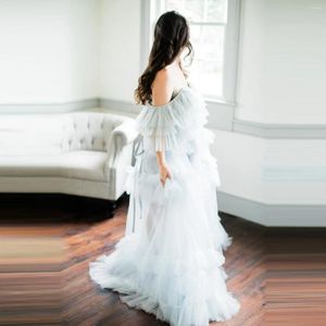 Casual Dresses Elegant Fluffy Tulle Maternity Dressing Gowns Cap Sleeves Strapless Lace Beaded Tiered Ruffles Long Pregnancy