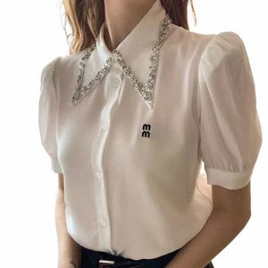 23SS Nuova camicia Designer Bloughe Spring Summer Collar Rhineste Lettera a maniche corta Lettere ricamo per cardigan Shirt con cardigan da donna X8GX#