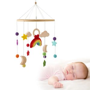 Baby Wooden Bed Bell Soft Felt Cartoon Rainbows Pendant Musical Hanging Toy Crib Mobile Wood Holder Bracket Infant Gift 240408