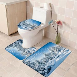 Bath Mats Winter Forest Snowy Bathroom Rug Set Christmas Gift White Ice Bear Tree Happy Year Mat Toilet Deco