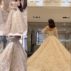 Champagne Long Sleeve Plus Size Wedding Dresses Sexy Off Shoulder Sweep Train Bridal Gowns 2024 Ball Gown Wedding Dress