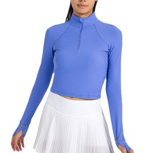 Vertikal gerippter Stoff 2.0 hoher elastischer reflektierender Streifen Sportbeschicht Frauen Kurzzip Yoga Langarm Shirts Fitnessstudio Trage Tops