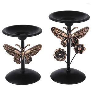Świecowe uchwyty filarowe uchwyt na wystrój metalowy zestaw 2 stołowych elementów stojak stojak dekoracyjny cokoł vintage motyl i