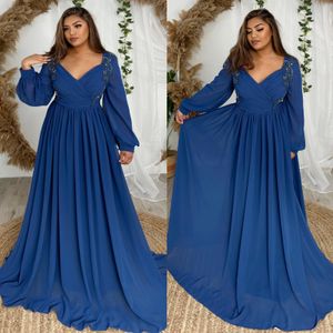 Navy Blue Evening Dresses Elegant A Line V Neck Long Sleeves Beaded Turkey Prom Dress Ruffle Plus Size Formal Dresses for Women