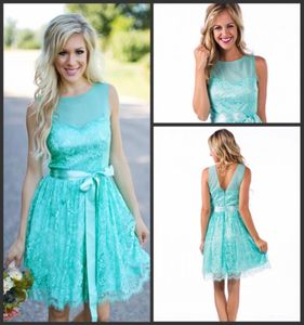 Aqua New Short Lace Bridesmaid Dresses Country Style Summer Beach Wedding Party Reception Sash Maid of Honor GO4121988