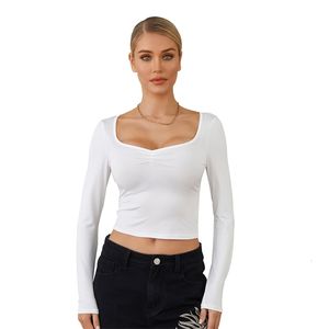 Kadınlar İlkbahar Yaz takılmış mahsul üstleri uzun kollu düşük kesilmiş düz renk ince t-shirt 240402