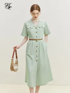 Party Dresses FSLE Retro Korean Dress Women's Summer 2024 High Waist V-Neck For Women Light Green Office Lady