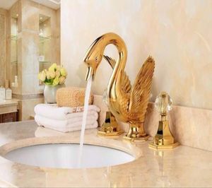 Gold clour bathroom basin sink swan faucet widespread LAVaTORY mixer TAP WITH CRYSTAL GLASS HANDLES7482983