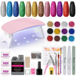 Satser akrylpulver 120 ml monomer flytande nagelförlängning set uv lamp nagel remover gel manikyr verktyg nagel glitter akryl nagelpaket