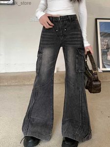 Женские джинсы 2023 Y2K Strtwear винтажные черные мешковатые расклешенные грузовые джинсы брюки Женская одежда много кармана старое платье Леди Б штата Ropa Mujer Y240408