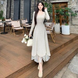 Casual Dresses Elegant Long For Women 2024 Female Large Size 4XL Autumn Winter Loose A Line Square Collar Apricot Irregular Vestidos