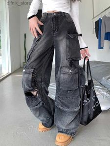 Kvinnors jeans 2023 ROUPA Y2K STRTWEAR Tvättad svart baggy rippade last Jeans byxor för kvinnor kläder rak bred benklänning lady byxor y240408