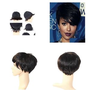 Ludzkie włosy peruki Pixie Cut Pixie Virgin Indian Hine Made Bob None Lace Front for African American Women8141881 Drop dostarczenie OTYG4