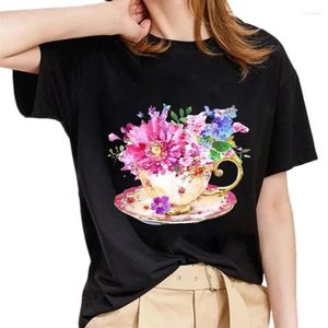 Kvinnor t skjortor svart tshirt kvinnor sommar blommor fjäril tryck casual t-shirts mode streetwear kort ärm o-hals tees skjorta
