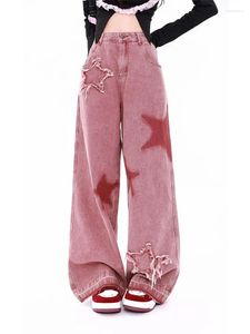 Kvinnors jeans 2024 Korean Fashion Pink Star broderad lös Y2K Harajuku Casual raka bredbensbyxor och byxor