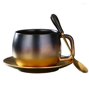 Cups Saucers Nordic Luxury Matte Black Gold Champagne Ceramic Espresso Coffee Cup And Saucer Spoon Set 280Ml