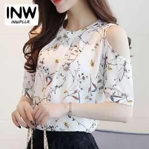 Цветочная рубашка в летнем стиле для женских элегантных открытых плечевых блузок шифон.