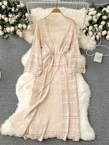 Casual Dresses SINGREINY Thin Knit Summer Long Dress Women Cardigan Sleeve Hollow Out Sunscreen Ladies Korean Beach