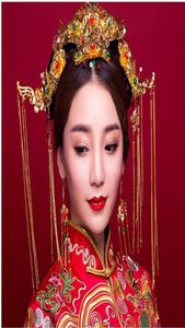 Blaue Prinzessin Braut Hochzeitskleid Show Chinese Retro Kleid Kleid Dragon Hair Coronet wo Kostümanzug Kopfbedeckung Accessoires5115758