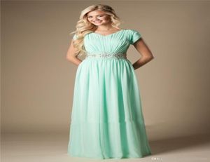 Mint Pärled Chiffon blygsamma brudtärklänningar med mössa ärmar långa aline bröllopsgäster klänningar formella kvällssparder av heder dr3097846