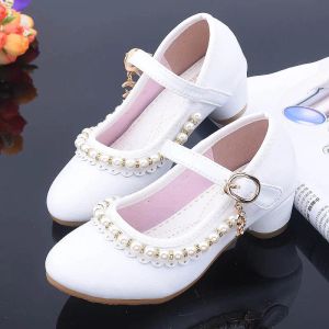 Sneakers Princess Girl Shoes Children High Heels Pink Child With Beading White Leather Party Girls Dress Mary Jane Louboutin Female Shoes