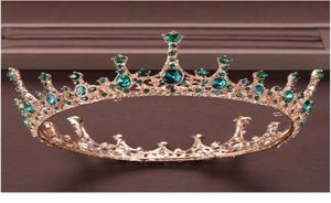 Vintage Baroque Green Crystal Round Queen Crown Wedding Tiara Bridal Diadem Gold Color Headpiece Dress Wedding Hair Acc jllYkB9751932