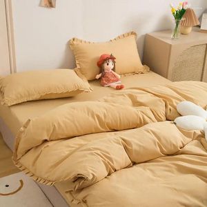 Sängkläder sätter enkel ren färg fyra-stycken koreanska trä öron flicka hjärtkylt täcke säng tvättad bomull mashup stil hushåll