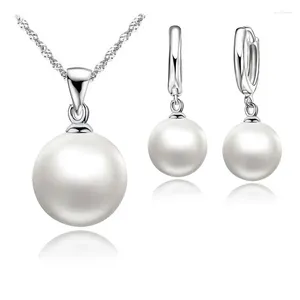 Brincos de colar Set Smooth Mulheres Casamento 925 Sterling Silver Color Pearl Hoop Fashion Jewellery Presente Acessórios