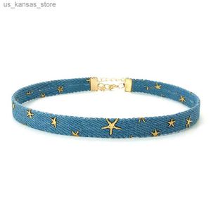 Pendanthalsband Neo-Gothic Denim Fabric Choker Retro Star Blue Cloth Chain Halsband för kvinnor Fashion Winter Jewelry Trend Accessories240408