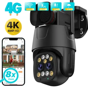 Câmeras de 8mp HD 4G Câmera IP da câmera IP Wi -Fi Outdoor 8x Zoom Lens dupla Ai Rastreamento humano Segurança sem fio Câmera de vigilância de vídeo CCTV
