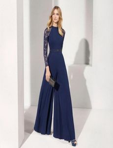 Dark Navy Lace Jumpsuit Långa ärmar Aftonklänningar Juvel Neckpärlade Prom Glänningar Golvlängd Chiffong Formell klänning8184948