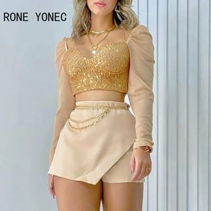 Kobiety szykowne długie rękawy Krótkie blaty cekiny Patchwork Mesh Decoration Bodycon mini seksowna spódnica krótka setki 240401