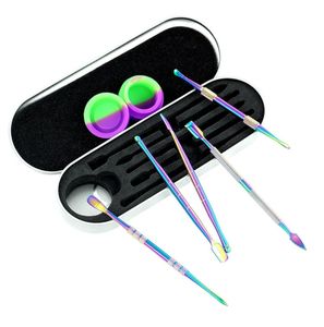 Regenbogen Silber Raucher DAB -Werkzeugkit Set mit 5ml Silicon Container 5pcs Long Dabber Tool Metal Einpackung für Wachs Trocken Herb5519813