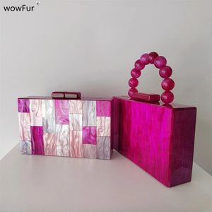 Pearl Rose Pink Plaid Acrylic Box Evening Clutch Bags Wedding Women Dynklänning Purses Designer Ladies Chain Handbag Chic 240329