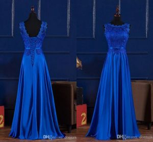 Dresses New Boat Neck Lace Satin Long Evening Dress Royal Blue Burgundy 2022 Floor Length Prom Party Gown Elegant robe de soiree