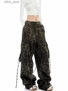 Women's Jeans 2024 Trashy Y2K Fashion Leopard Baggy Jeans Cargo Pants Women Clothes Side Pockets Straight Wide Leg Lady Trousers Ropa Mujer Y240408