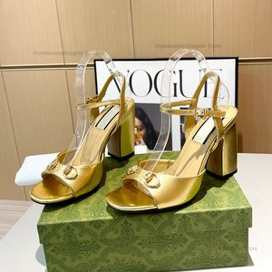 Party Gold Heeled Sandals 8.5cm high chunky block Heels open-toe side buckle strap Genuine Leather shoes women's Luxury Designer shoes Evening factory with box