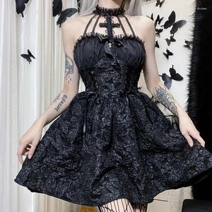 Sıradan Elbiseler Goth Dark Alışveriş Merkezi Gotik Emo Jacquard A-Line Zarif Grunge Düzenli Bandaj Partisi Punk Siyah Kadınlar Cadılar Bayramı Kulüp Elbise