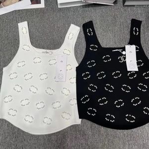 女性用Tシャツデザイナー2023女性サマーニットティートップパールインレイコットンクロップトップTシャツ服ハイエンドセクシープルオーバーベストndre