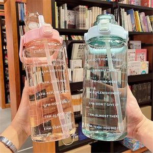 Water Bottles 2L Straw Bottle Large Capacity With Time Marker Cup Outdoor Portable Plastic Drink For Sports Fitness
