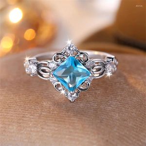 Wedding Rings Delicate Geometric Square Bands Silver Color Antique Lake Blue Zircon Stone Engagement For Women Gift