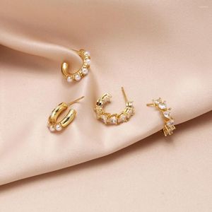 Brincos de argola Flola Tiny Clear Crystal for Women White Pearl C Ear Hoops Small Jewelry Gifts Ersa077